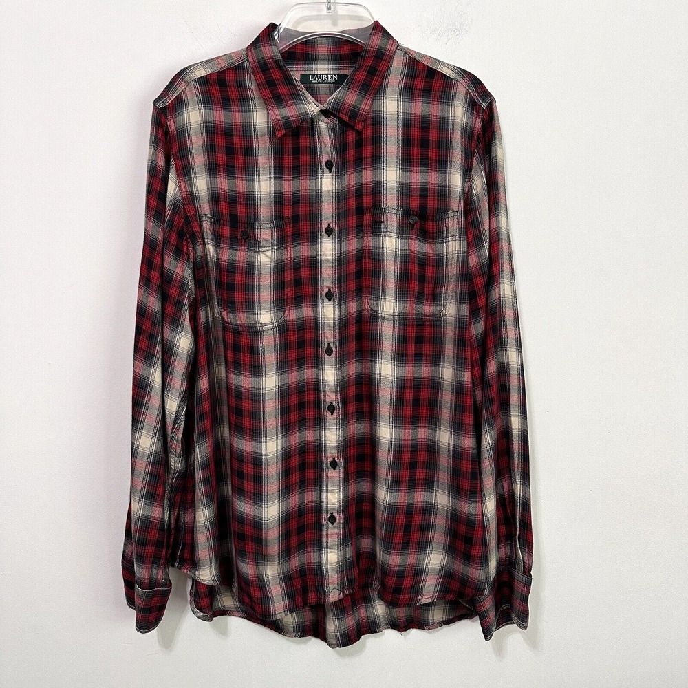 Lauren Ralph Lauren Plaid Blouse Shirt XL Red Pockets Button Front Casual Preppy